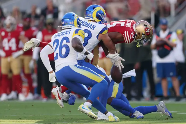 Nate Landman forces Juan Jennings into a fumble