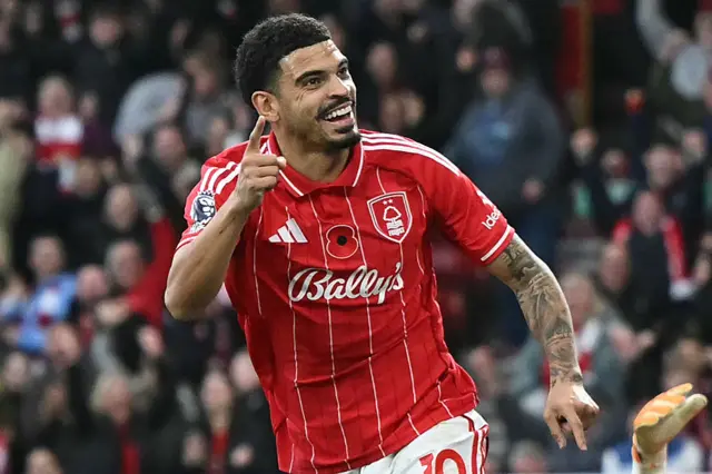 Nottingham Forest's English midfielder #10 Morgan Gibbs-White celebrates after scoring their second goal during the English Premier League football match between Nottingham Forest and Leeds United at The City Ground in Nottingham, central England, on November 9, 2025.