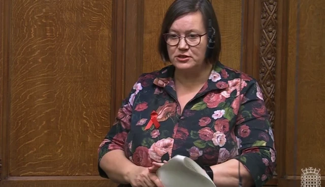 Treasury Select Committee Meg Hillier is wearing a floral shirt, standing up speaking to James Murray