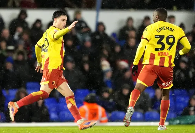 Watford's Othmane Maamma (left) celebrates scoring their side's first goal of the game with team-mate Edo Kayembe