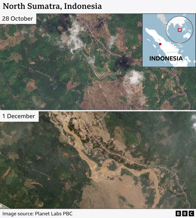 Satellite imagery from 28 October (top) showing an area of North Sumatra before the flooding and then imagery from 1 December (bottom) showing brown floodwater covering the town