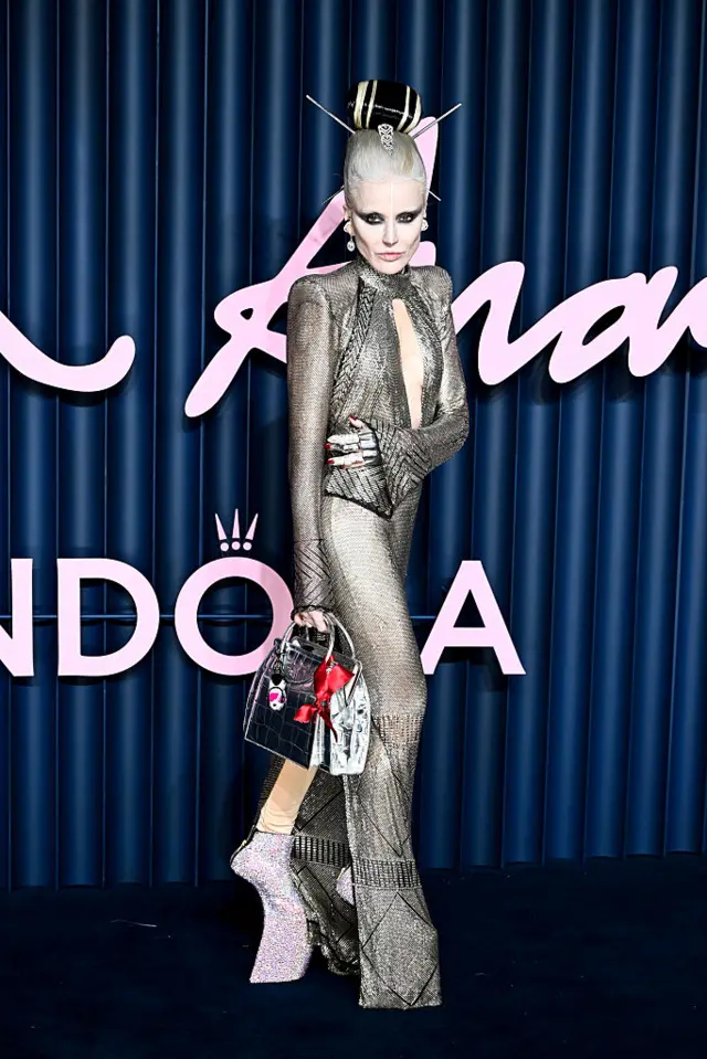 Daphne Guinness wears a silver all-in-one. In her hair, she wears a large hair roller and silver chopsticks