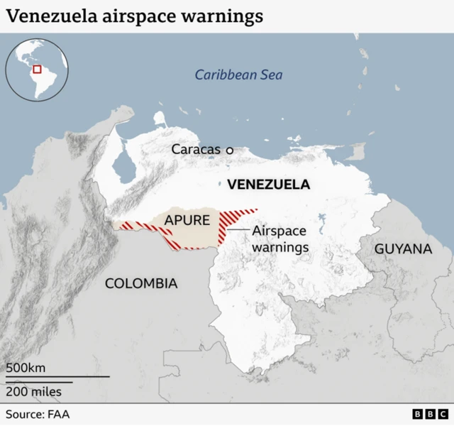 Map showing Venezuela and red-coloured areas relating to the new warning to non-commercial civil pilots