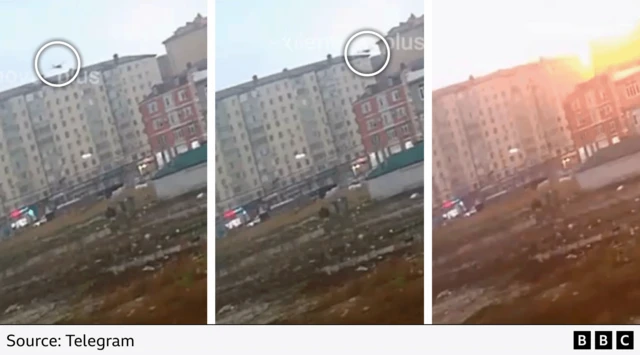 A graphic using three screengrabs to show the reported drone flying low over the building before a large explosion is seen