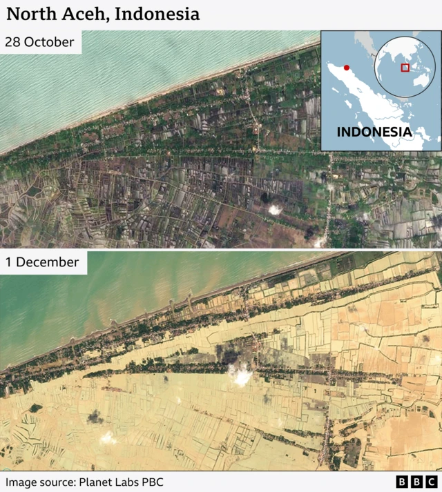 Satellite images of North Aceh taken on 28 November (top) and 1 December (bottom) showing how flood water has covered swathes of land away from the coast