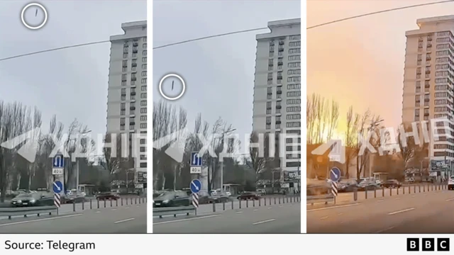 A graphic showing three grabs from the video showing the projectile striking the ground in the Ukrainian city of Dnipro causing a large explosion