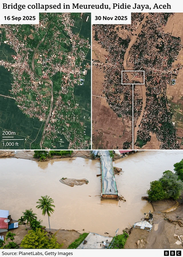 The top of the image reads: "Bridge collapsed in Meureudu, Pidie Jaya, Aceh". The photos below show a bridge partially submerged in brown floodwater, as well as two satellite images showing fields and neighbourhoods damaged by floodwater.