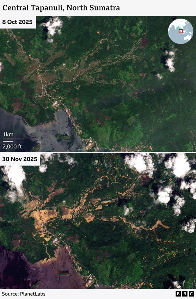 Two satellite images, the top one showing vast greenery and the bottom showing the same greenery but with large patches of brown.The top of the photos read: Sibolga, North Sumatra