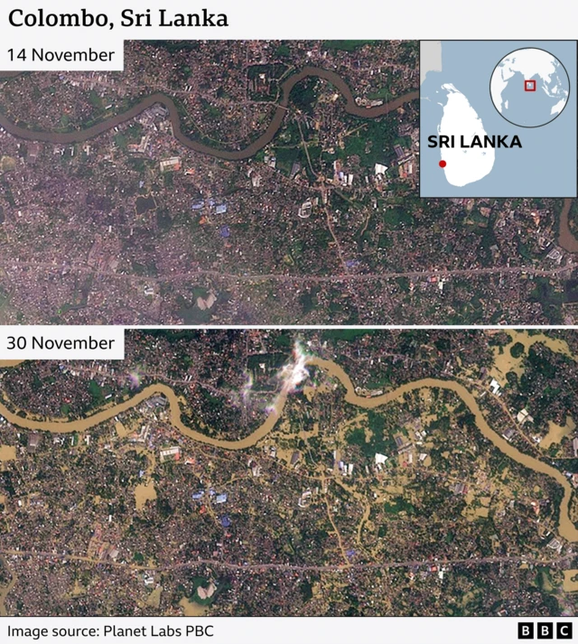 Before and after satellite images of Colombo from 14 and 30 November. In the after photo areas to the south of the river where no water was previously visible have been flooded
