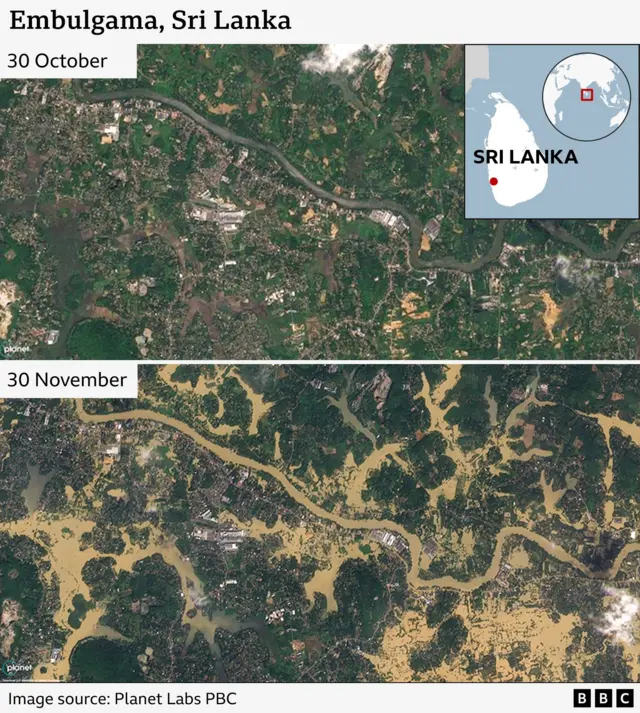 Before and after satellite images of Embulgama from 30 October and 30 November. In the after photo areas the floodwaters are visible to the north and south of it.