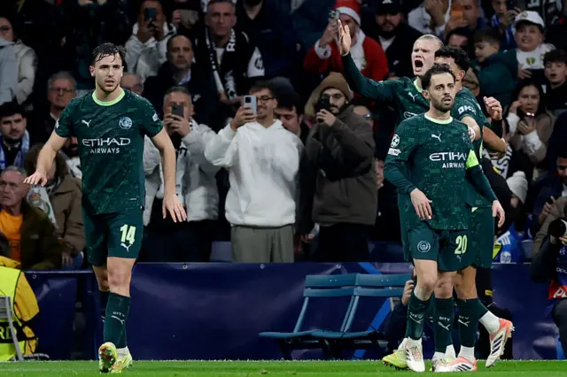 Nico Gonzalez of Manchester City, Erling Braut Haaland of Manchester City, Matheus Nunes of Manchester City, Bernardo Silva of Manchester City