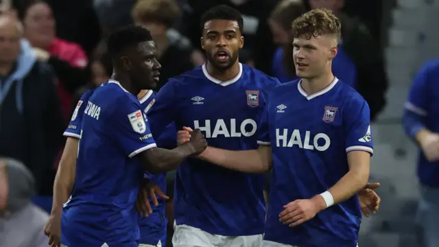 Ipswich players celebrate a goal in the 3-0 win over Coventry