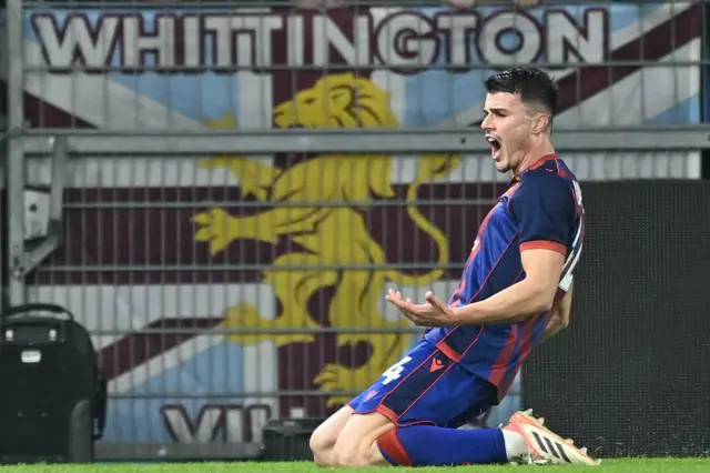 Flavius Daniliuc celebrates after scoring his team's first goal during the UEFA Europa League, league phase, football match between FC Basel and Aston Villa at the St Jakob-Park stadium, in Basel, on December 11, 2025.