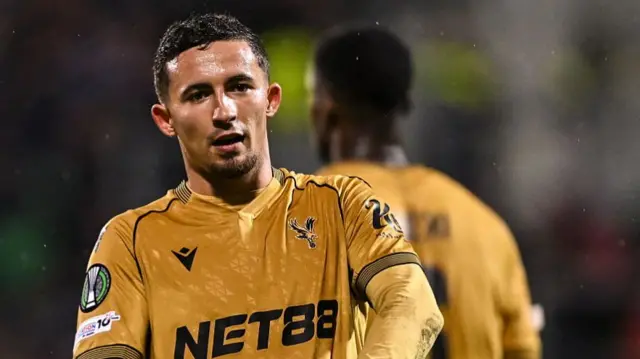 Yeremy Pino of Crystal Palace celebrates after scoring his side's third goal during the UEFA Conference League 2025/26 league phase match between Shelbourne and Crystal Palace at Tallaght Stadium in Dublin.