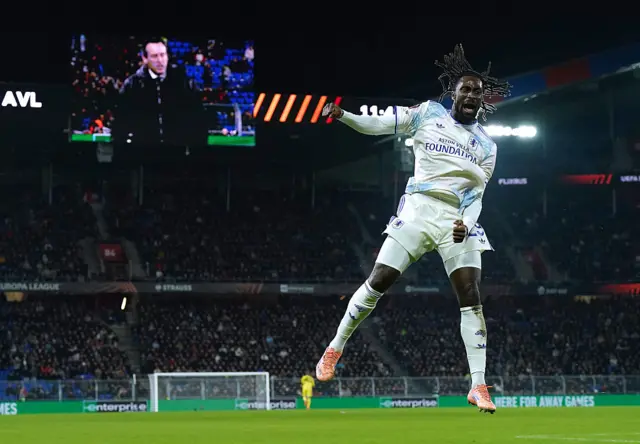 Evann Guessand of Aston Villa celebrates scoring his team's first goal during the UEFA Europa League 2025/26 League Phase MD6 match between FC Basel 1893 and Aston Villa FC at St. Jakob-Park on December 11, 2025 in Basel, Switzerland.