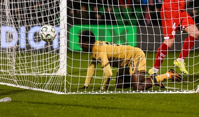 Eddie Nketiah of Crystal Palace shoots to score his side's second goal during the UEFA Conference League 2025/26 league phase match between Shelbourne and Crystal Palace at Tallaght Stadium in Dublin.