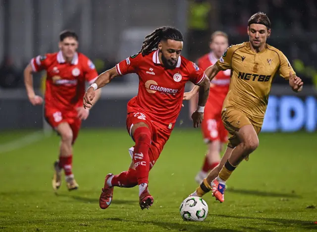 Milan Mbeng of Shelbourne in action against Borna Sosa of Crystal Palace during the UEFA Conference League 2025/26 league phase match between Shelbourne and Crystal Palace at Tallaght Stadium in Dublin.
