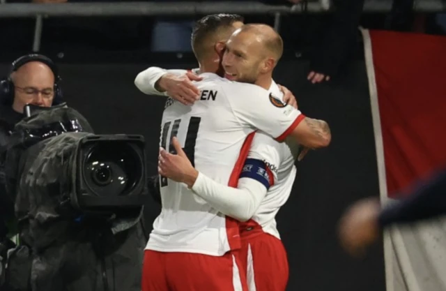 FC Utrecht's Mike van der Hoorn celebrates scoring their first goal