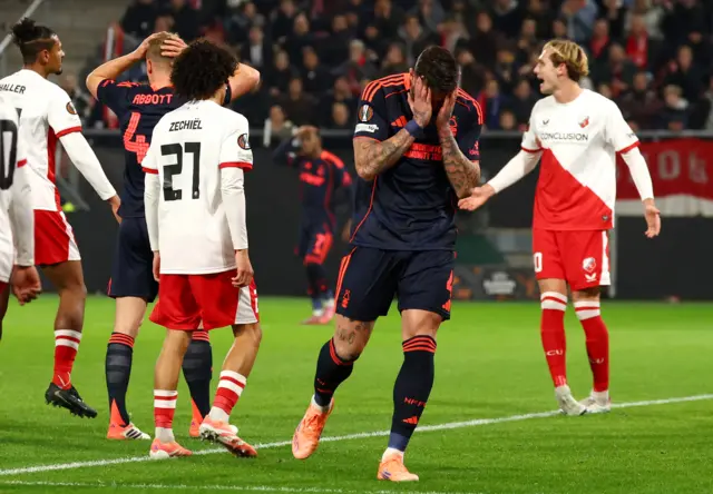 Nottingham Forest's Morato reacts after missing a chance to score.