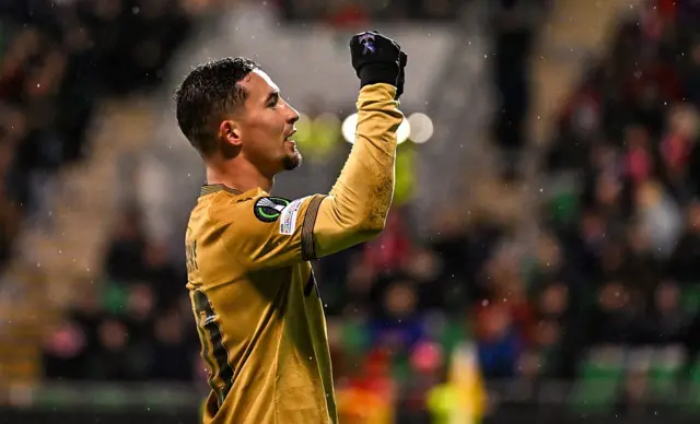 Yeremy Pino of Crystal Palace celebrates after scoring his side's third goal during the UEFA Conference League 2025/26 league phase match between Shelbourne and Crystal Palace at Tallaght Stadium in Dublin.
