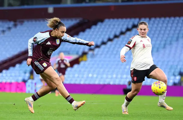 Chasity Grant of Aston Villa shoots during the Barclays Women's Super League match between Aston Villa and Liverpool at Villa Park on December 11, 2025 in Birmingham, England.