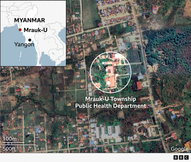 A satellite map fo the hospital in Mrauk-U as the main image with an inset top-left showing the town's location in Myanmar relative to Yangon