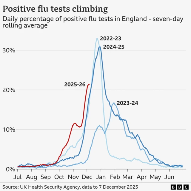 Line chart showing that positive tests for flu are climbing this year and just over 20% but look to be slowing down, compared to the previous bad flu seasons in 2022 and 2024 when they were at around 17% and 19% respectively at the same time. The chart shows that flu cases this year started rising earlier than in 2023 and 2024.