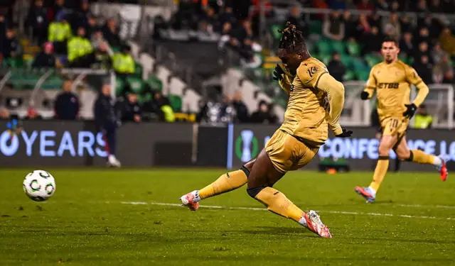 Christantus Uche of Crystal Palace shoots to score his side's first goal during the UEFA Conference League 2025/26 league phase match between Shelbourne and Crystal Palace at Tallaght Stadium in Dublin.