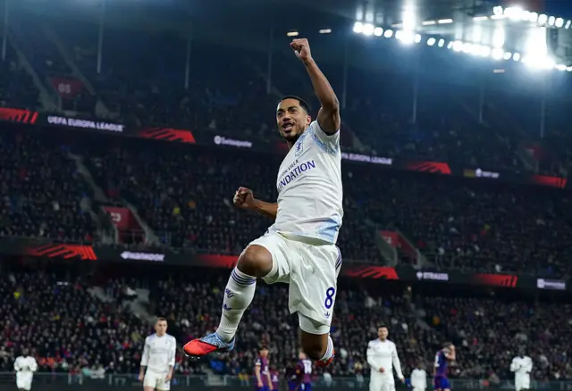 Youri Tielemans of Aston Villa celebrates scoring his team's second goal during the UEFA Europa League 2025/26 League Phase MD6 match between FC Basel 1893 and Aston Villa FC at St. Jakob-Park on December 11, 2025 in Basel, Switzerland.