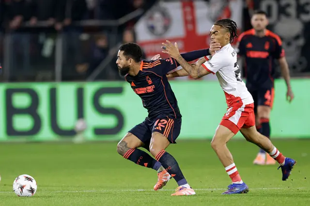 Douglas Luiz of Nottingham Forest , Alonzo Engwanda of FC Utrecht during the UEFA Europa League match between FC Utrecht v Nottingham Forest at the Stadium Galgenwaard on December 11, 2025 in Utrecht Netherlands.