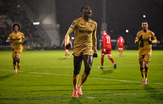 Christantus Uche of Crystal Palace celebrates after scoring his side's first goal during the UEFA Conference League 2025/26 league phase match between Shelbourne and Crystal Palace at Tallaght Stadium in Dublin.