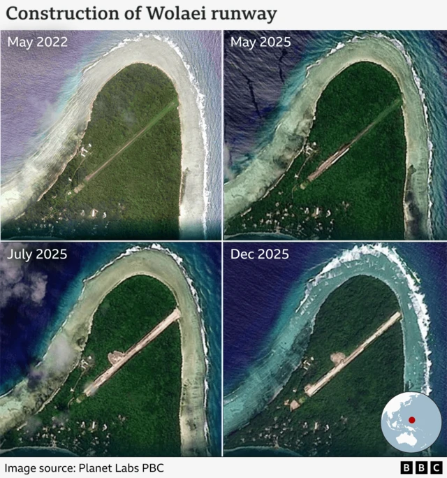 Graphic of four satellite images showing Wallaey Island and various stages of runway reconstruction - clockwise from top left: May 2022. May 2025; July 2025 and December 2025