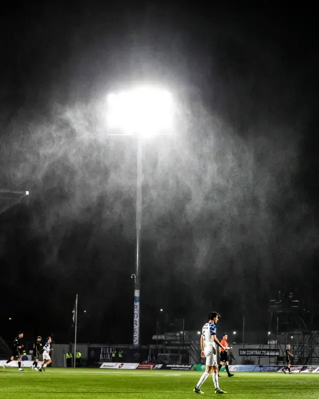 The rain pours down in windy conditions during a William Hill Premiership match between Falkirk and Heart of Midlothian at the Falkirk Stadium