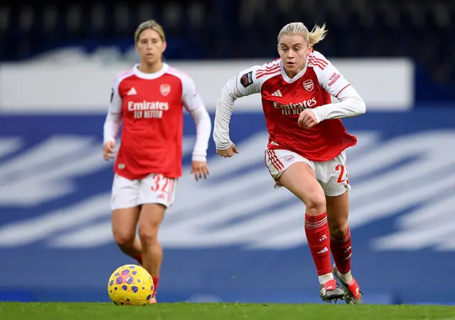 Alessia Russo of Arsenal runs with the ball during the Barclays Women's Super League match between Everton and Arsenal at Goodison Park on December 13, 2025 in Liverpool, England.