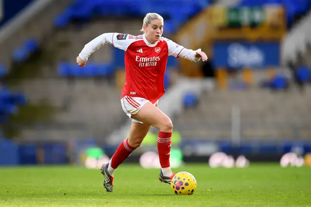 Alessia Russo of Arsenal runs with the ball during the Barclays Women's Super League match between Everton and Arsenal at Goodison Park on December 13, 2025 in Liverpool, England.