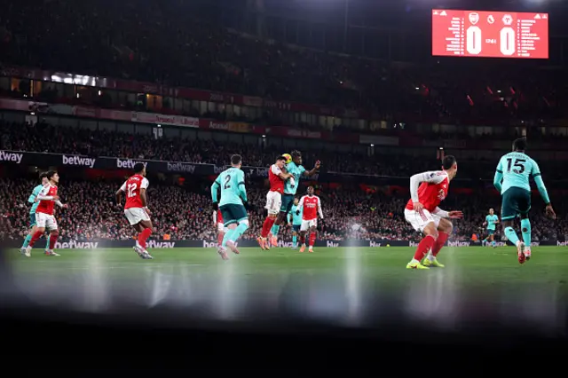 General view inside the stadium as Piero Hincapie of Arsenal and Emmanuel Agbadou of Wolverhampton Wanderers battle for the ball