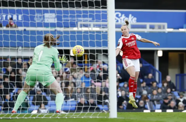 Arsenal's Beth Mead heads at goal