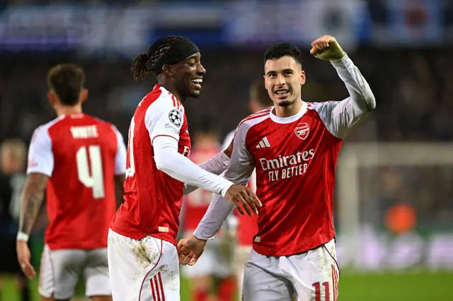 Arsenal's Gabriel Martinelli and Noni Madueke celebrate