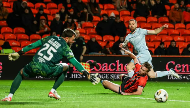 Apostolos Stamatelopoulos drags a shot well wide