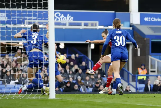 Arsenal's Caitlin Foord shoots at goal after Alessia Russo scores their second goal