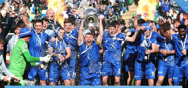 Dungannon Swifts celebrate winning the Irish Cup at the start of May