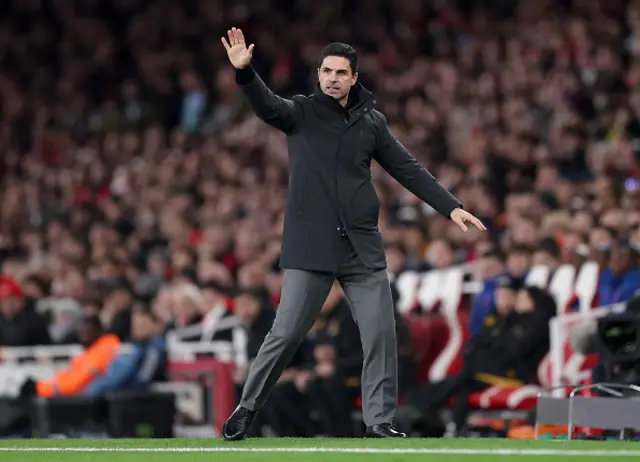 Mikel Arteta, Manager of Arsenal, reacts
