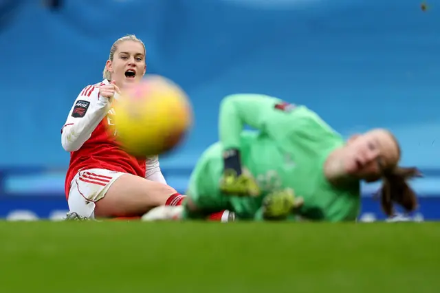 Alessia Russo of Arsenal reacts after having her shot saved during the Barclays Women's Super League match between Everton and Arsenal at Goodison Park on December 13, 2025 in Liverpool, England.