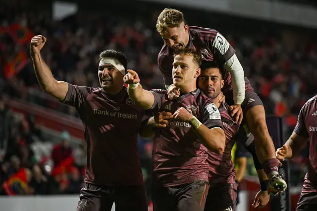 Mike Haley celebrates with team-mates
