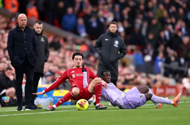 Curtis Jones of Liverpool is tackled by Yankuba Minteh