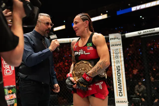 Cris Cyborg speaks in the cage