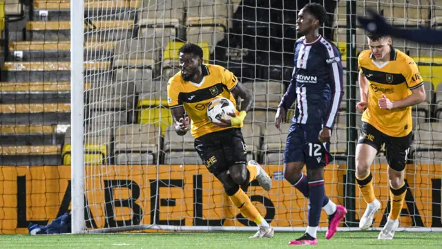 Jeremy Bokila celebrates after scoring for Livingston against Dundee United