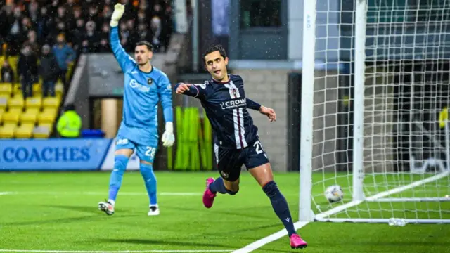 Yan Dhanda celebrates after scoring for Dundee against Livingston