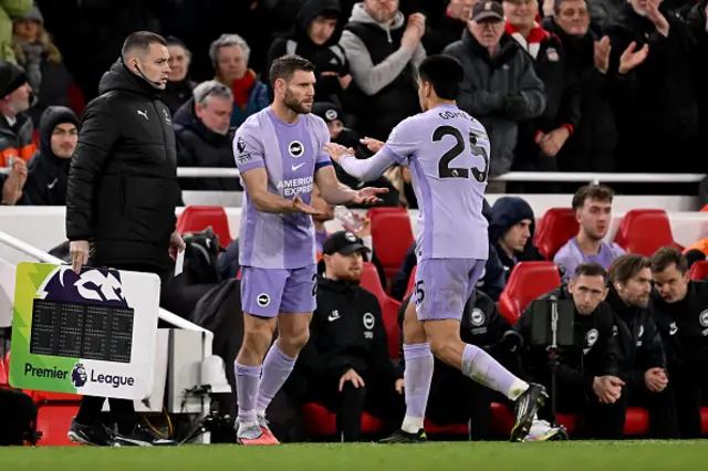 Diego Gomez of Brighton & Hove Albion is substituted off for teammate James Milner