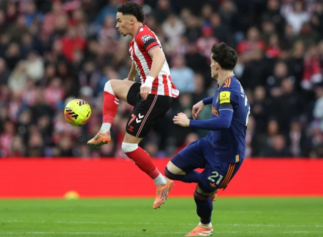 Sunderland's Chemsdine Talbi in action with Newcastle United's Tino Livramento